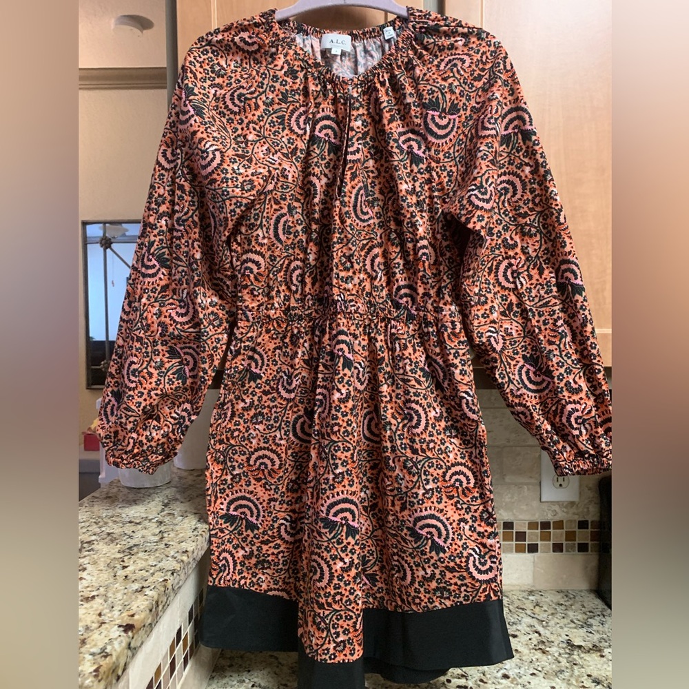 A.L.C. NewNoTags Long Sleeve Vibrant Printed Orange and Black Multi Floral Dress